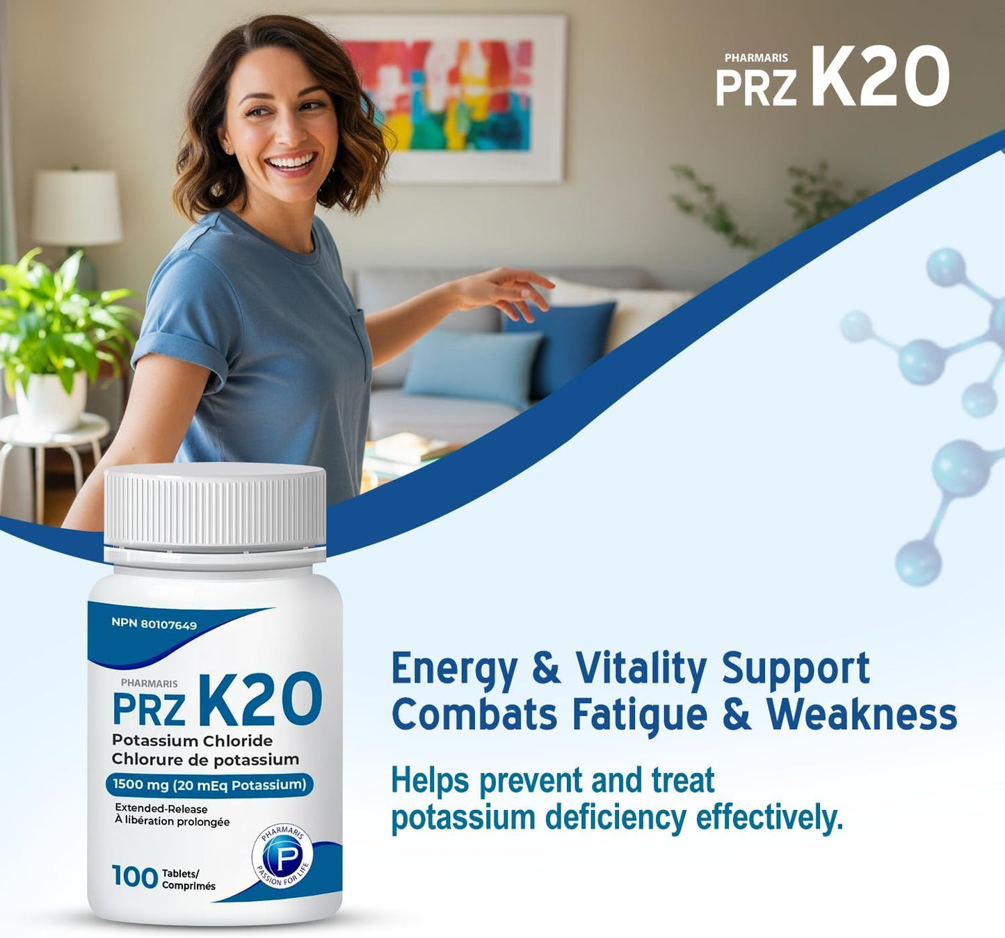 Pharmaris K-20 Potassium Chloride 1500mg Extended Release Tablets, Provides 20 mEq Potassium, Electrolyte Replenisher for Hypokalemia Treatment, Daily Use Supplement, 100 Tablets - Available at All In One Marketplace Canada