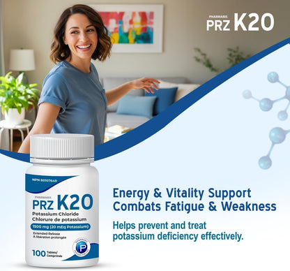 Pharmaris K-20 Potassium Chloride 1500mg Extended Release Tablets, Provides 20 mEq Potassium, Electrolyte Replenisher for Hypokalemia Treatment, Daily Use Supplement, 100 Tablets - Available at All In One Marketplace Canada