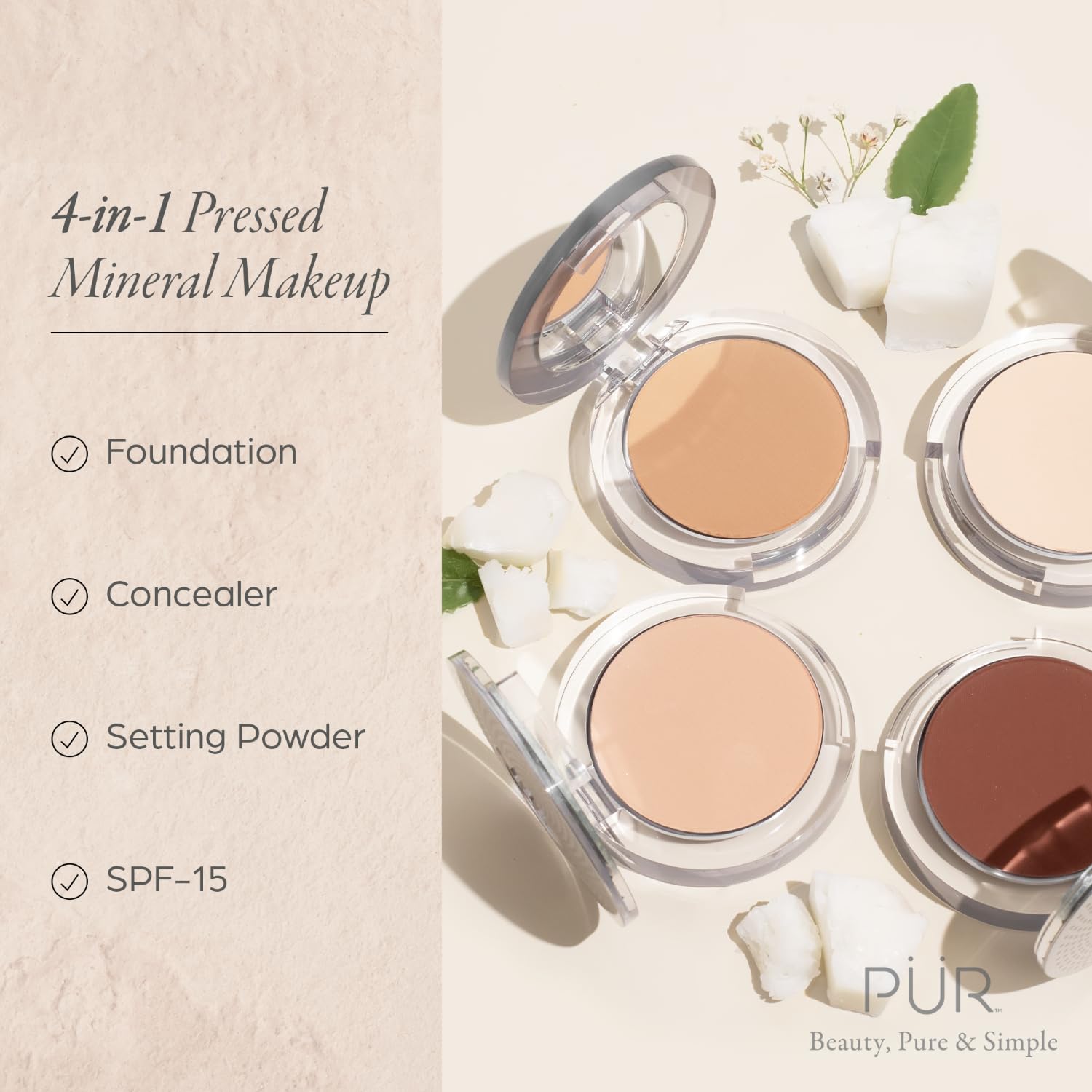 PÜR MINERALS 4-in-1 Pressed Mineral Makeup Powder Foundation with SPF 15 - Concealer & Finishing Compact Pressed Powder for Face - Buildable Medium to Full Coverage Foundation Powder (Blush Medium) PÜR MINERALS