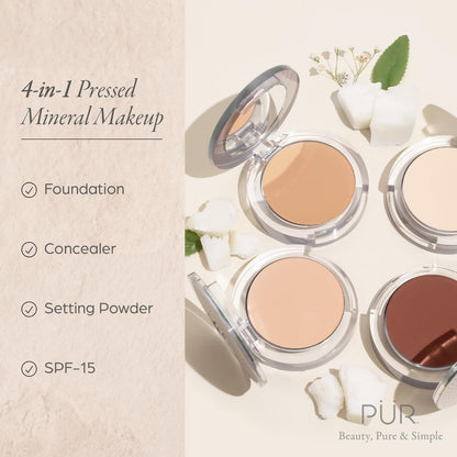 PÜR MINERALS 4-in-1 Pressed Mineral Makeup Powder Foundation with SPF 15 - Concealer & Finishing Compact Pressed Powder for Face - Buildable Medium to Full Coverage Foundation Powder (Blush Medium) PÜR MINERALS