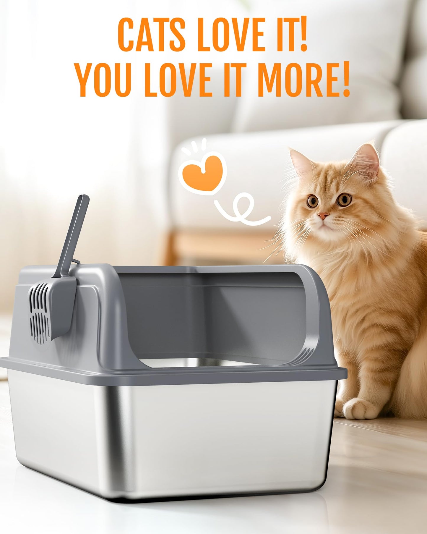 Powools Stainless Steel Cat Litter Box for Kittens, Metal Kitty Litter Box with Scoop, Anti-Leakage Top Entry, Non-Sticky, Easy to Clean, Grey, M (1 Pack) - Available at All In One Marketplace Canada