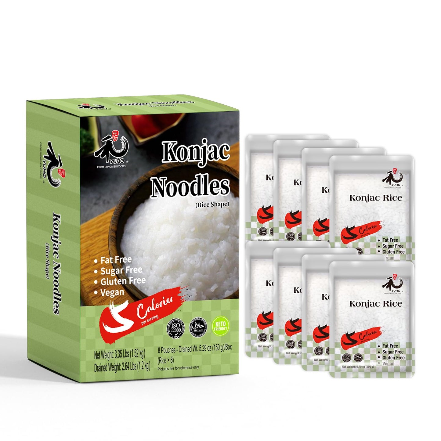 YUHO Shirataki Konjac Rice - 8 Pack Bundle, Vegan & Keto-Friendly, Gluten-Free, Low-Carb Noodles (53.61 oz)