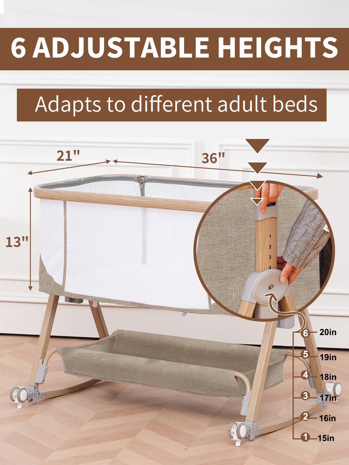 Baby Bassinet, Basinet Bedside Sleeper with Waterproof Bassinet Sheets and Soft Mattress, Safe Adjustable Height Bedside Bassinets with Wheels, Girl/Boy Bassinets, Jestonten (Khaki)