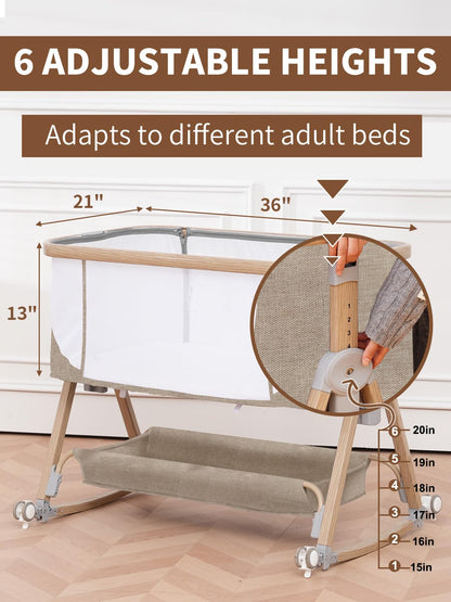 Baby Bassinet, Basinet Bedside Sleeper with Waterproof Bassinet Sheets and Soft Mattress, Safe Adjustable Height Bedside Bassinets with Wheels, Girl/Boy Bassinets, Jestonten (Khaki)