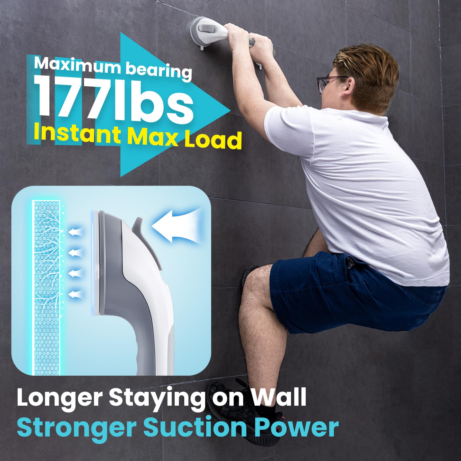 TAILI Shower Suction Cup Grab Bar Bathtubs Handrails for Seniors Elderly, No Drilling Waterproof, Grey, 2 Pack, 16 Inch - Available at All In One Marketplace Canada