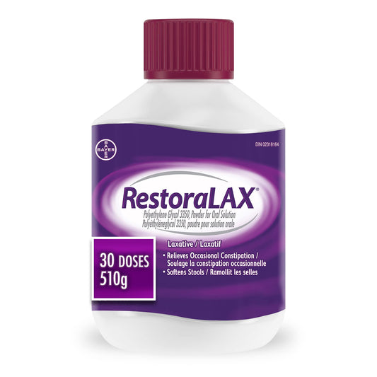 RestoraLAX Powder Laxative, Effective Relief, No Taste, No Grit, No Gas, No Bloating, No Cramps, No Sudden Urge, 30 Doses, 510 grams - Available at All In One Marketplace Canada