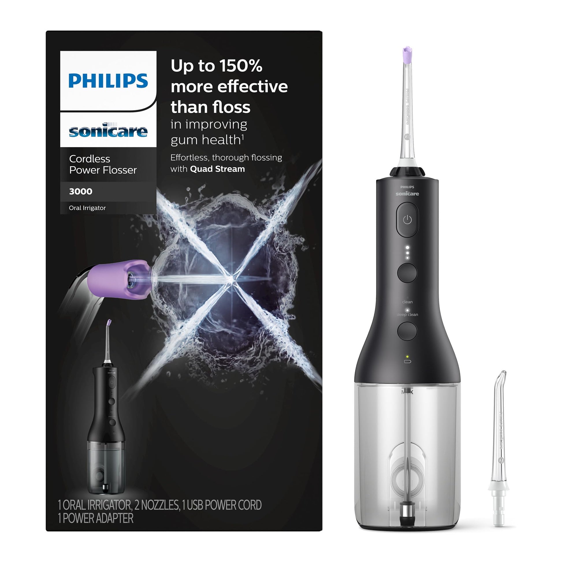 Philips Sonicare Power Flosser 3000 Cordless, Oral Irrigator Quad Stream technology and whisper quiet, Black, HX3826/23 - Available at All In One Marketplace Canada