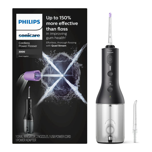Philips Sonicare Power Flosser 3000 Cordless, Oral Irrigator Quad Stream technology and whisper quiet, Black, HX3826/23 - Available at All In One Marketplace Canada