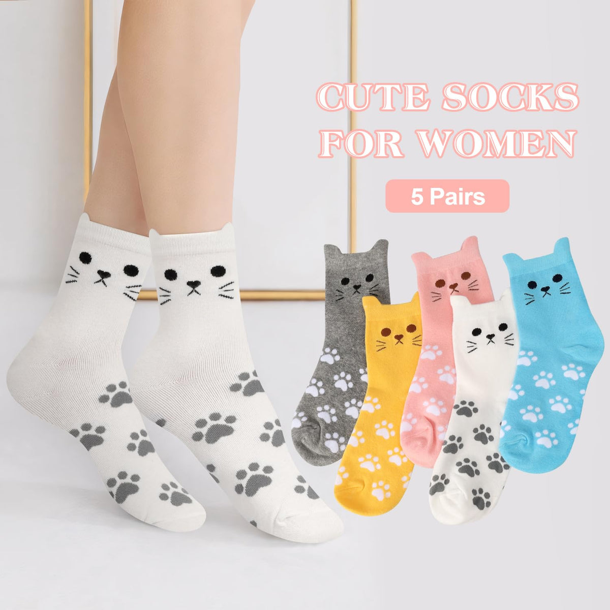 Funny Cat Socks Box for Women Teen Girls, Cute Cat Lovers Gifts, 5 Pairs 🍁 All In One Marketplace Canada