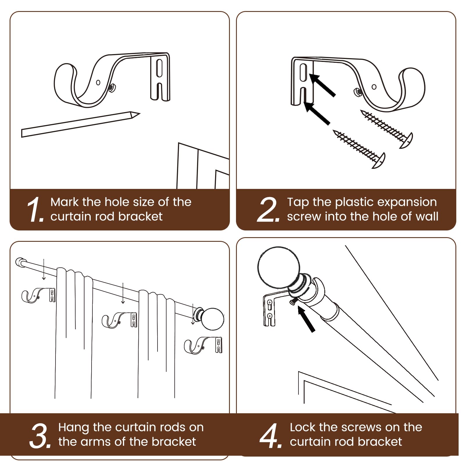 Curtain rods for Windows 48 to 84 Inch, 5/8 Inch Small Matte Black Curtain Rod Adjustable with Brackets Pole Rideau for Bedroom, Bathroom, Living room, Kitchen, Patio, Outdoor, cafe