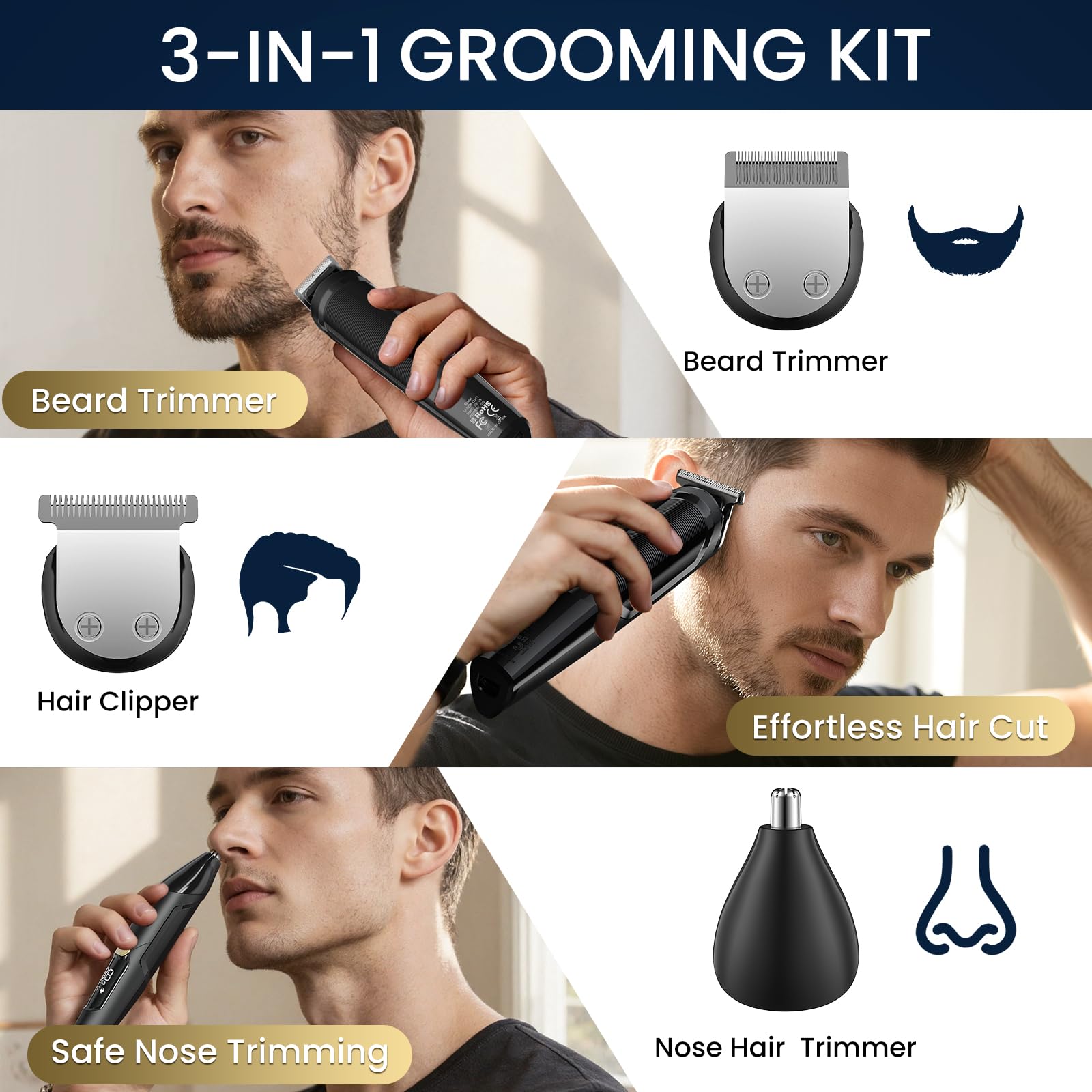 Ufree 3-in-1 Beard Trimmer for Men, Waterproof Electric Razor Shaver for Facial Hair, Rechargeable Hair Trimmer Clippers Grooming Kit, Gifts for Husband Father - Available at All In One Marketplace Canada