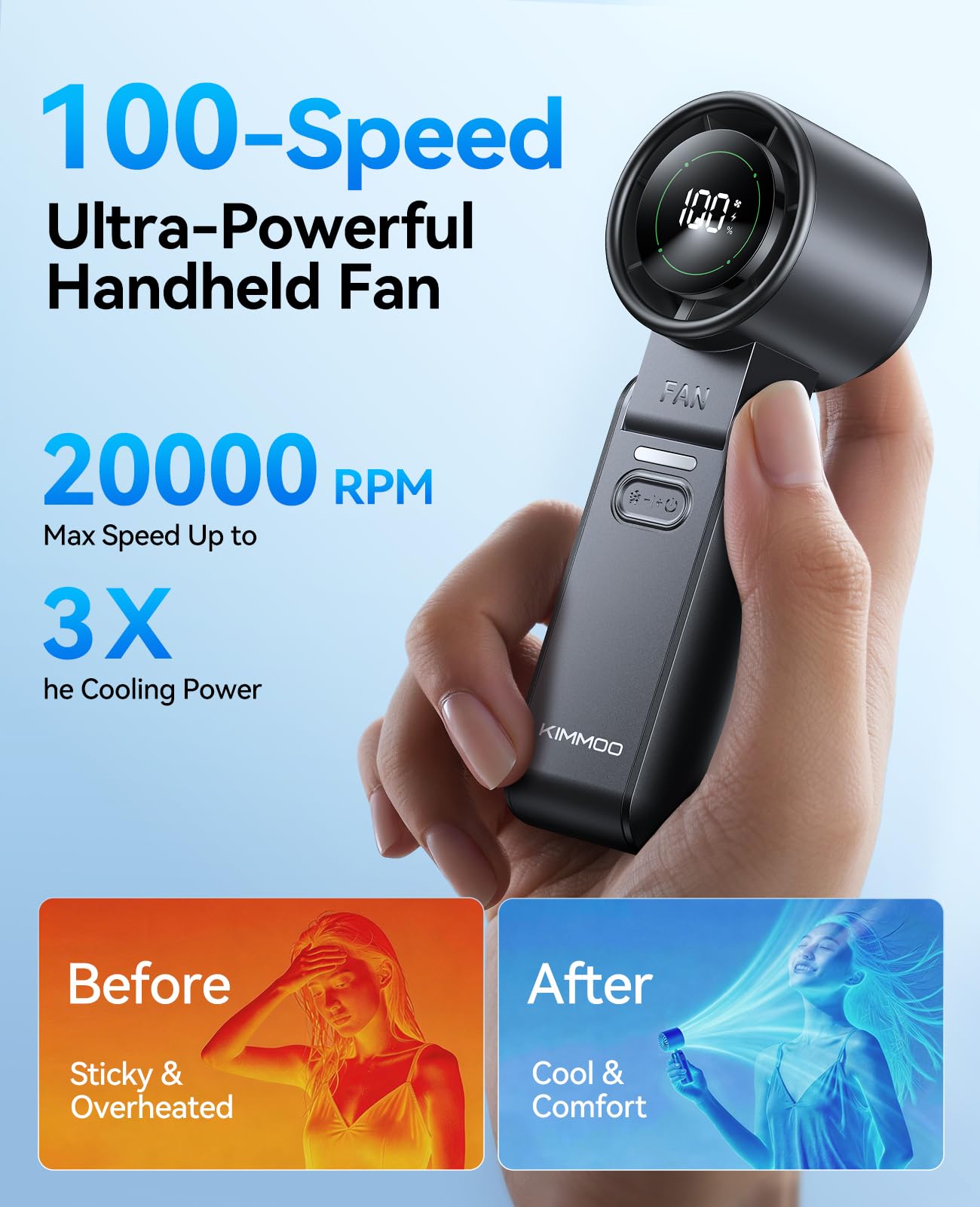KIMMOO 3-in-1 Portable Handheld Turbo Fan -100 Speeds, 10800 RPM, 12Hrs Cooling, 120° Rotation, USB Rechargeable Mini Hand Held Personal Fan for Travel Makeup Outdoor Indoor (Black) - Available at All In One Marketplace Canada