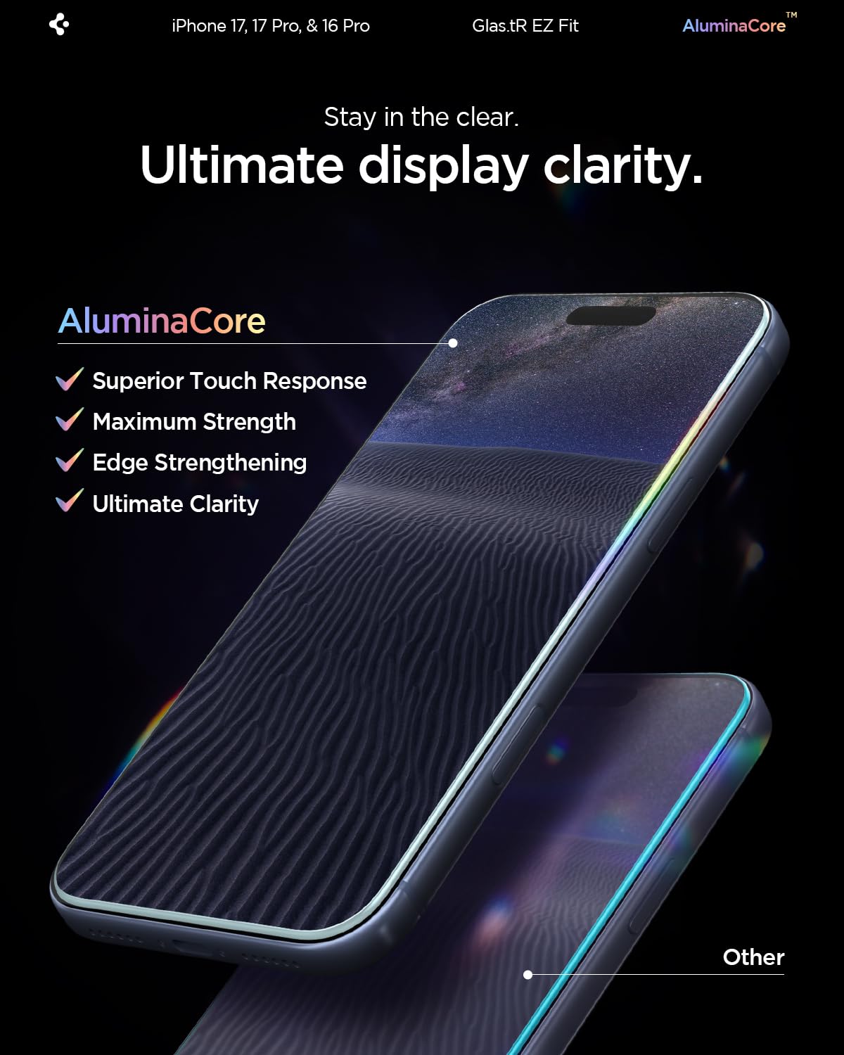 Spigen AluminaCore Tempered Glass Screen Protector [Glas.tR EZ Fit] designed for iPhone 17 Pro | iPhone 17 | iPhone 16 Pro [2 Pack] 9H+ Hardness, Aluminum-Enhanced Durability - Available at All In One Marketplace Canada