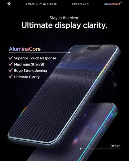 Spigen AluminaCore Tempered Glass Screen Protector [Glas.tR EZ Fit] designed for iPhone 17 Pro | iPhone 17 | iPhone 16 Pro [2 Pack] 9H+ Hardness, Aluminum-Enhanced Durability - Available at All In One Marketplace Canada