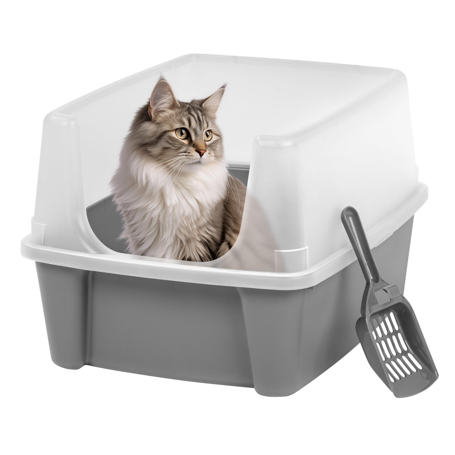 IRIS USA Large Cat Litter Box with Scatter Shield and Scoop, Open Top High Sided Cat Litter Pan, Gray 🍁 All In One Marketplace Canada