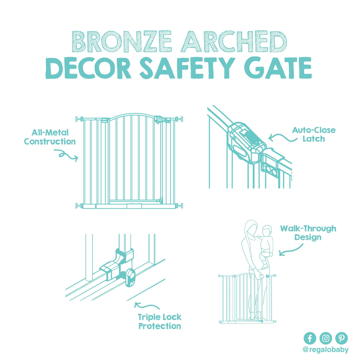 Barrière de sécurité décorative cintrée Easy Step de Regalo, largeur de 29 à 35 pouces, bronze, extra large