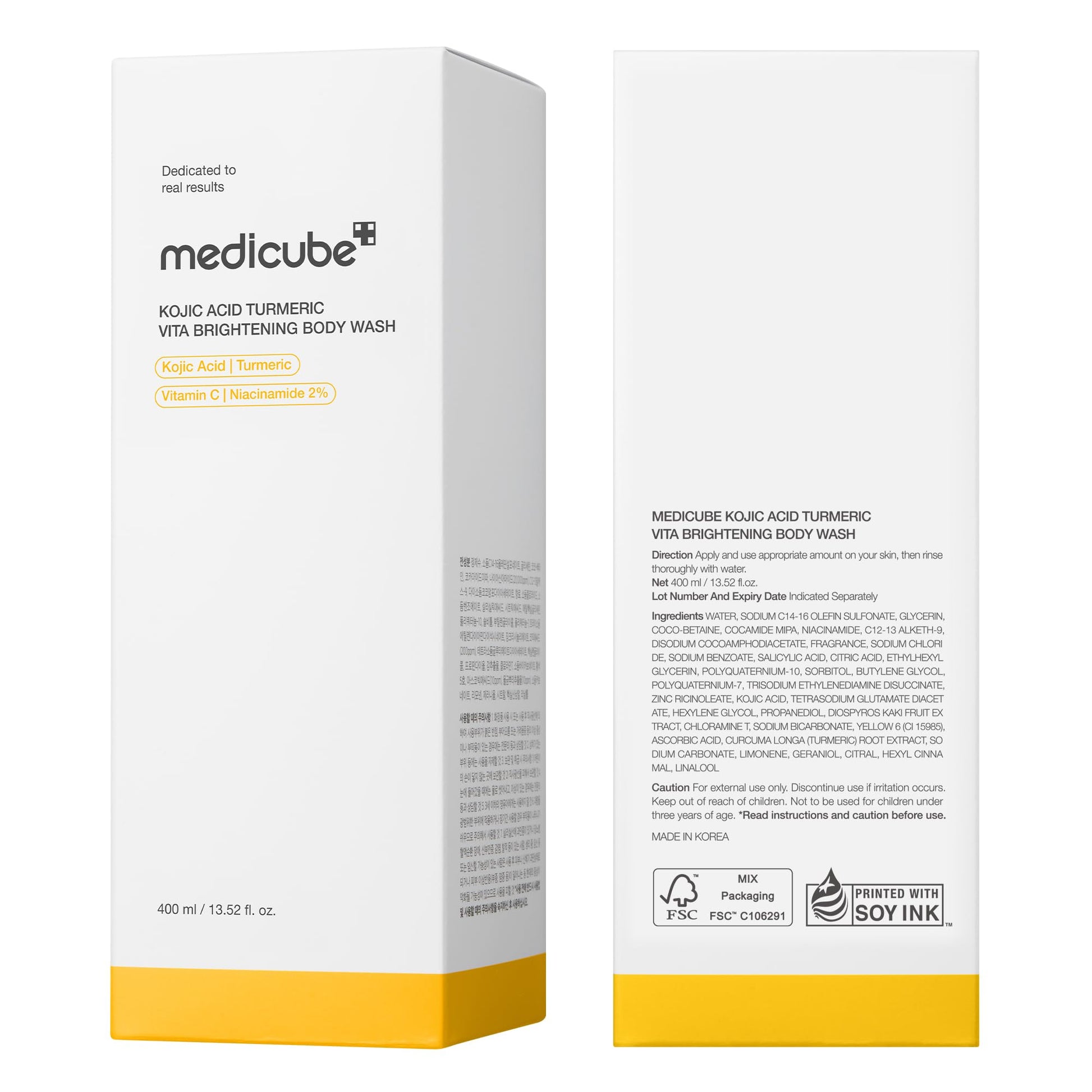 medicube Kojic Acid Turmeric Brightening Body Wash | Gentle Shower Gel for Uneven Skin | Niacinamide, Vitamin C, AHA/BHA | Deep Cleansing, Hydrating Formula | Easy and Effective, 13.52 fl.oz 400ml - Available at All In One Marketplace Canada