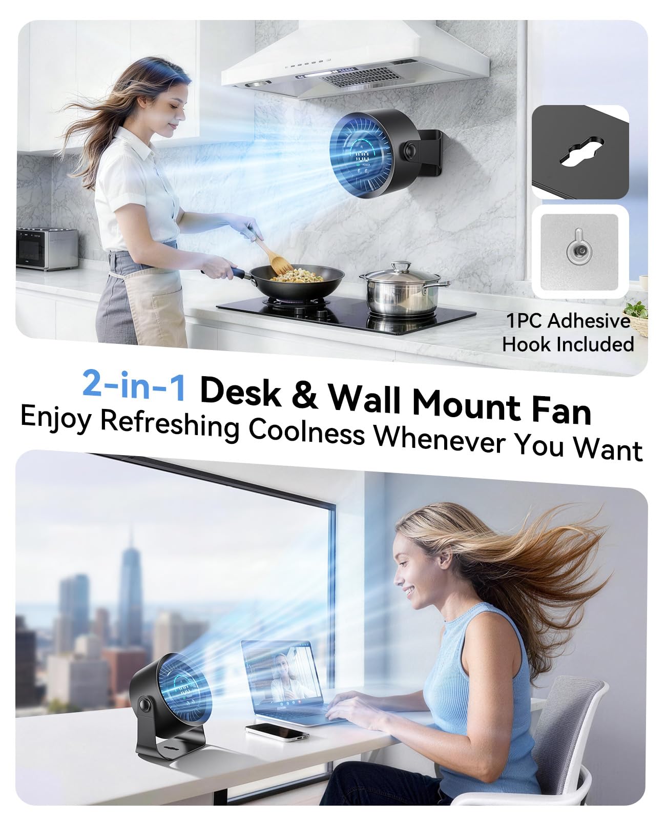 DIGIX Rechargeable USB Desk Fan for Bedroom, 100 Speeds, 360° Rotation, Wall Mounted Design Small Portable Table Fan with LED Display, Quiet Personal Desktop Cooling Fans for Home Office (Black) - Available at All In One Marketplace Canada