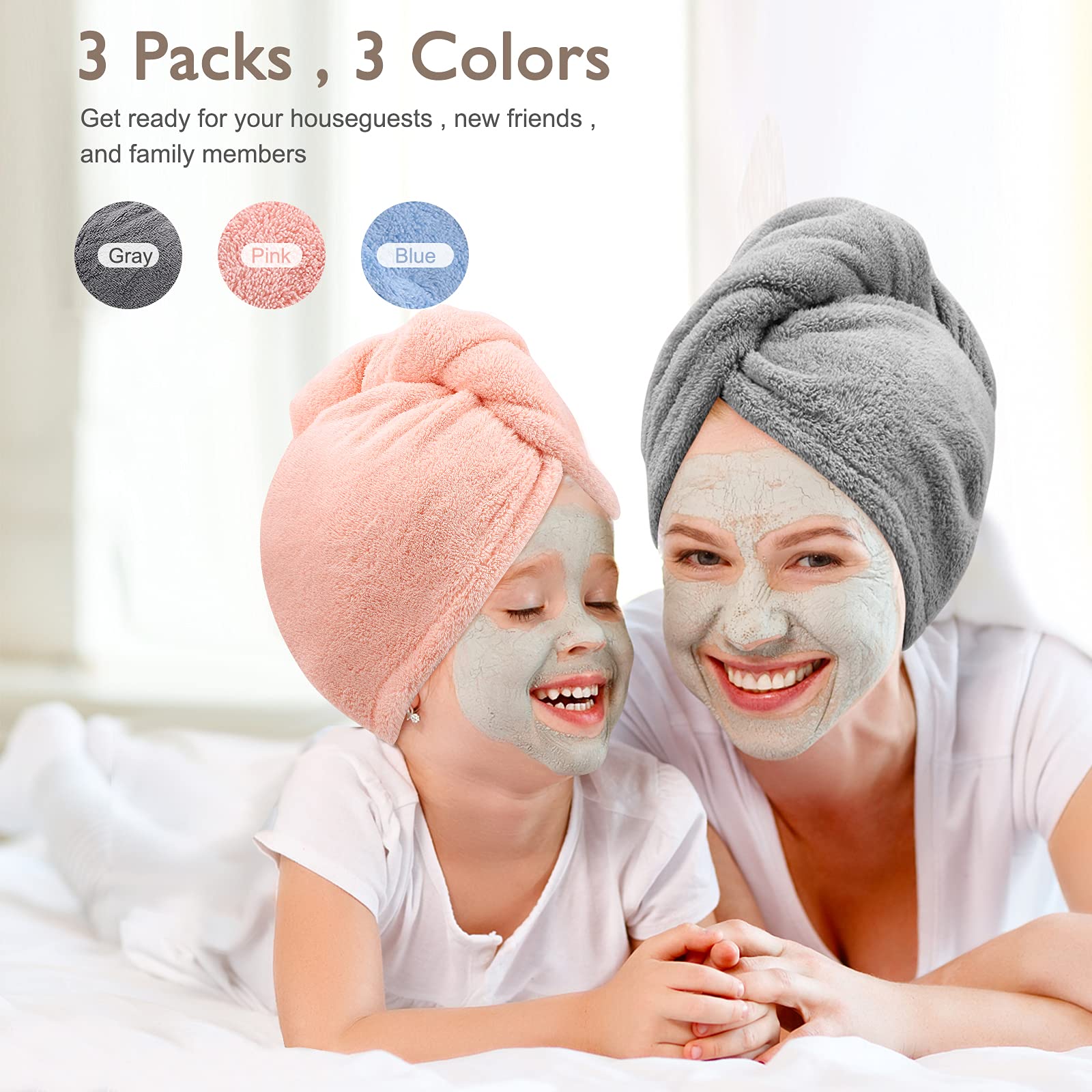 3 Pack Microfiber Hair Towel BEoffer Super Absorbent Hair Wraps for Women Wet Hair, Fast Drying Hair Turban, Hair Caps with Buttons for Drying Curly, Long & Thick Hair Anti Frizz (Gray+Pink+Blue) - Available at All In One Marketplace Canada