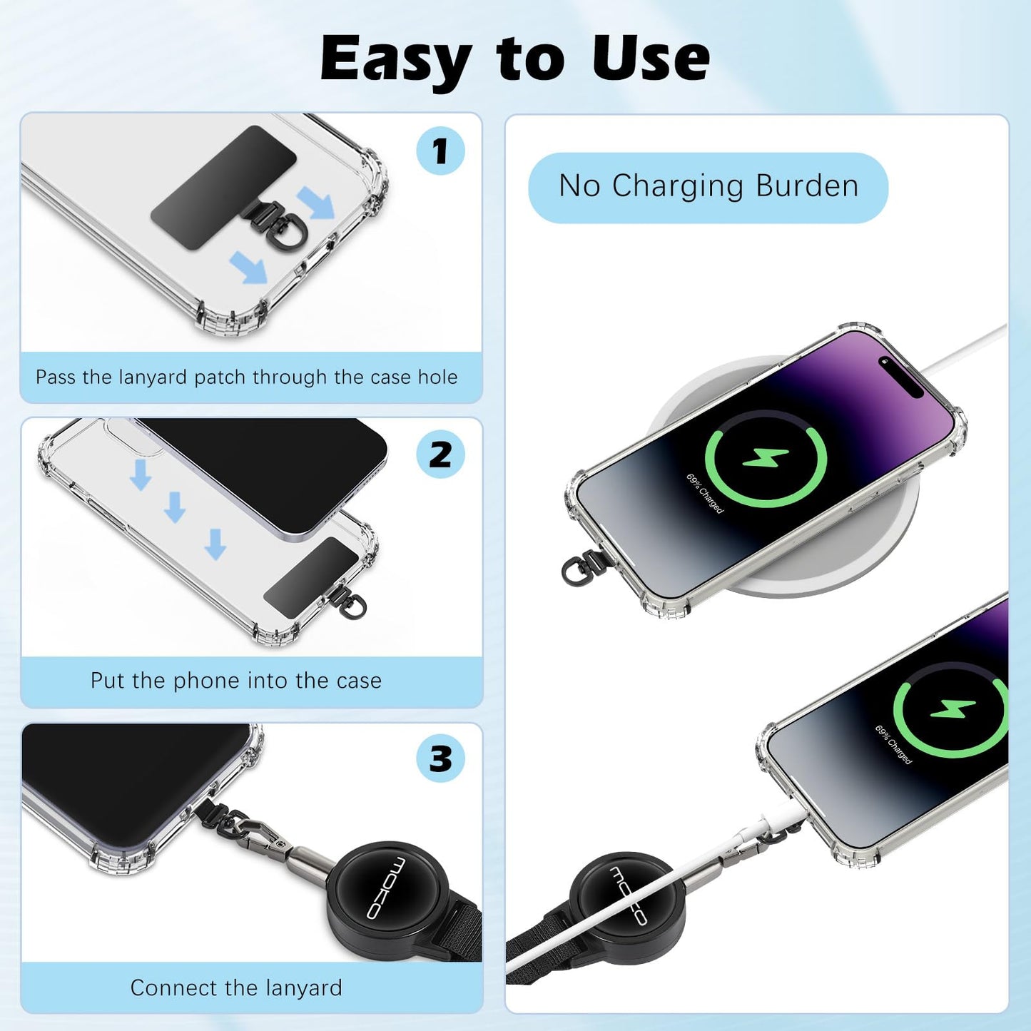 MoKo Anti-theft Phone Tether, Phone Lanyard Retractable Steel Line Cellphone Strap with Locking Carabiner and Metal 360° Tether Tab for Outdoor Skiing Hiking Climbing Fishing, Black - Available at All In One Marketplace Canada