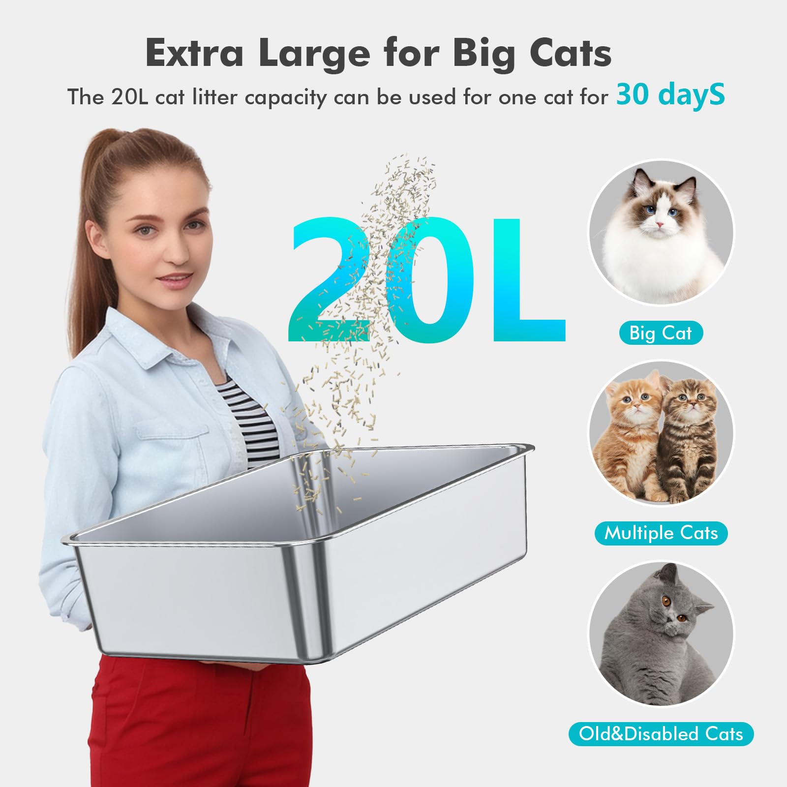 ZuHucpts Stainless Steel Cat Litter Box, Large Metal Litter Pan for Cats (20" Lx14 Wx6 H)