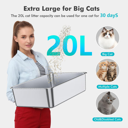 ZuHucpts Stainless Steel Cat Litter Box, Large Metal Litter Pan for Cats (20" Lx14 Wx6 H)