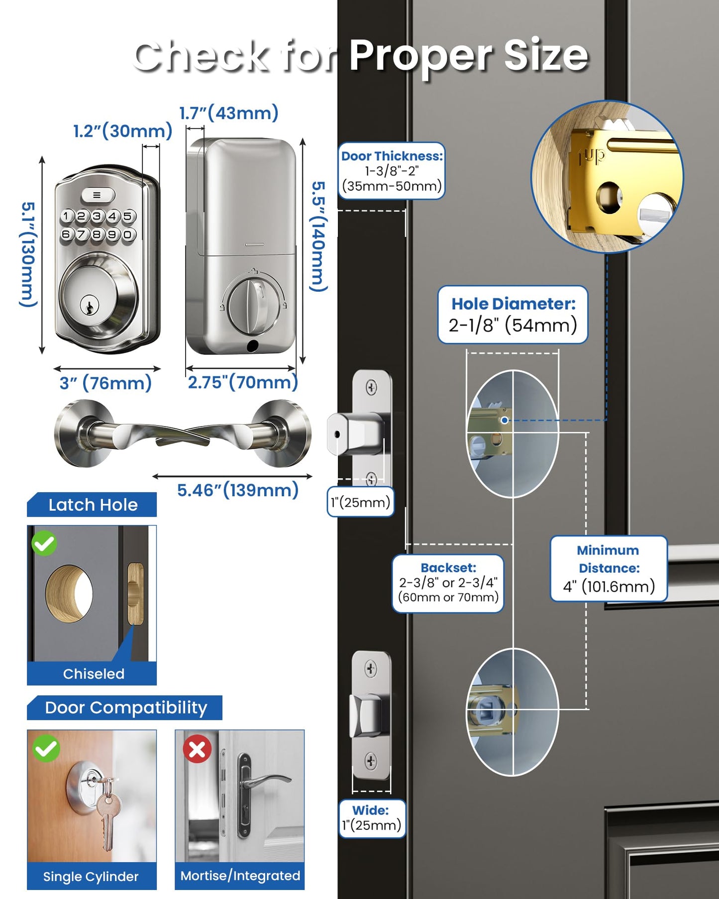 Veise Keyless Entry Door Lock with 2 Lever Handles - Electronic Keypad Deadbolt, Easy Installation Digital Smart Front Door Lock Set, Satin Nickel Veise