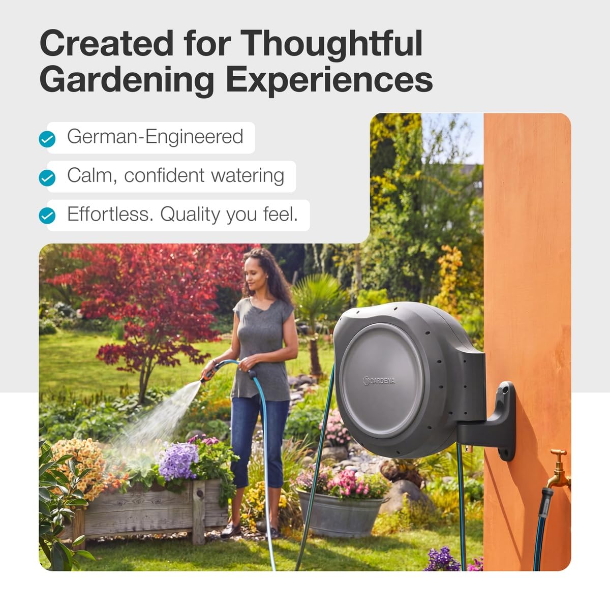 GARDENA 20502-80, Retractable Garden Hose Reel 75' x 1/2" Hose, Wall Mounted, Automatic Retraction & Length Lock for Easy Watering. Heavy Duty Swivel Bracket 180°, Includes Nozzle. Made in Europe 🍁 All In One Marketplace Canada GARDENA