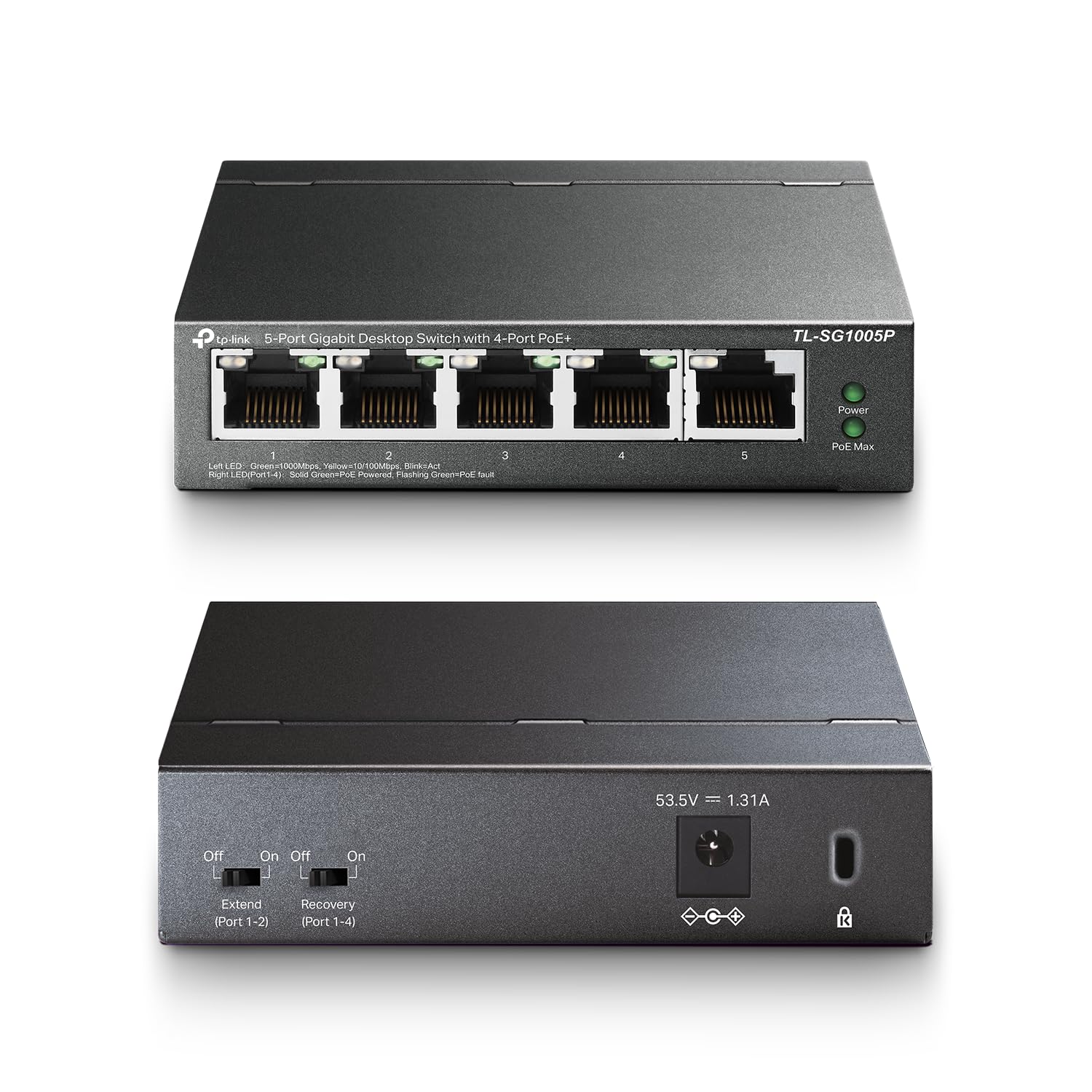 TP-Link 5–Port Gigabit PoE Switch, 4 PoE+ Ports @65W, Fanless, Black (TL-SG1005P)