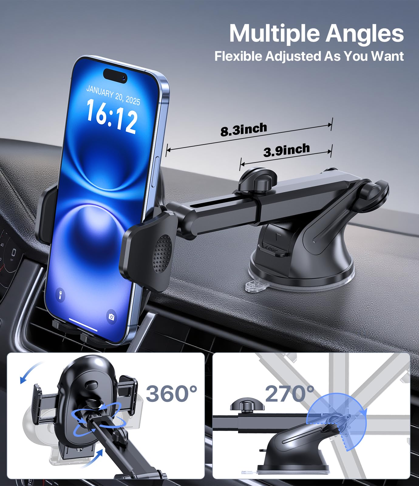 Miracase [2026 Upgraded Strong Military Grade Suction Cup] Car Phone Holder for Cars Dashboard Windscreen Air Vent Desk, 4 in 1 Mobile Phone Mount Automobile Cradle Stand for All Smartphones