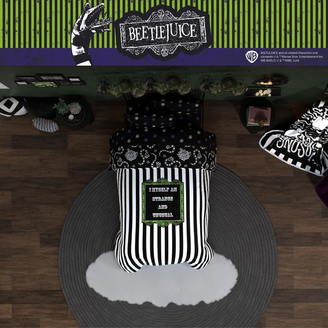 Franco Collectibles Beetlejuice Halloween Striped Bedding 4 Piece Super Soft Comforter and Sheet Set, Twin, (Officially Licensed Product)