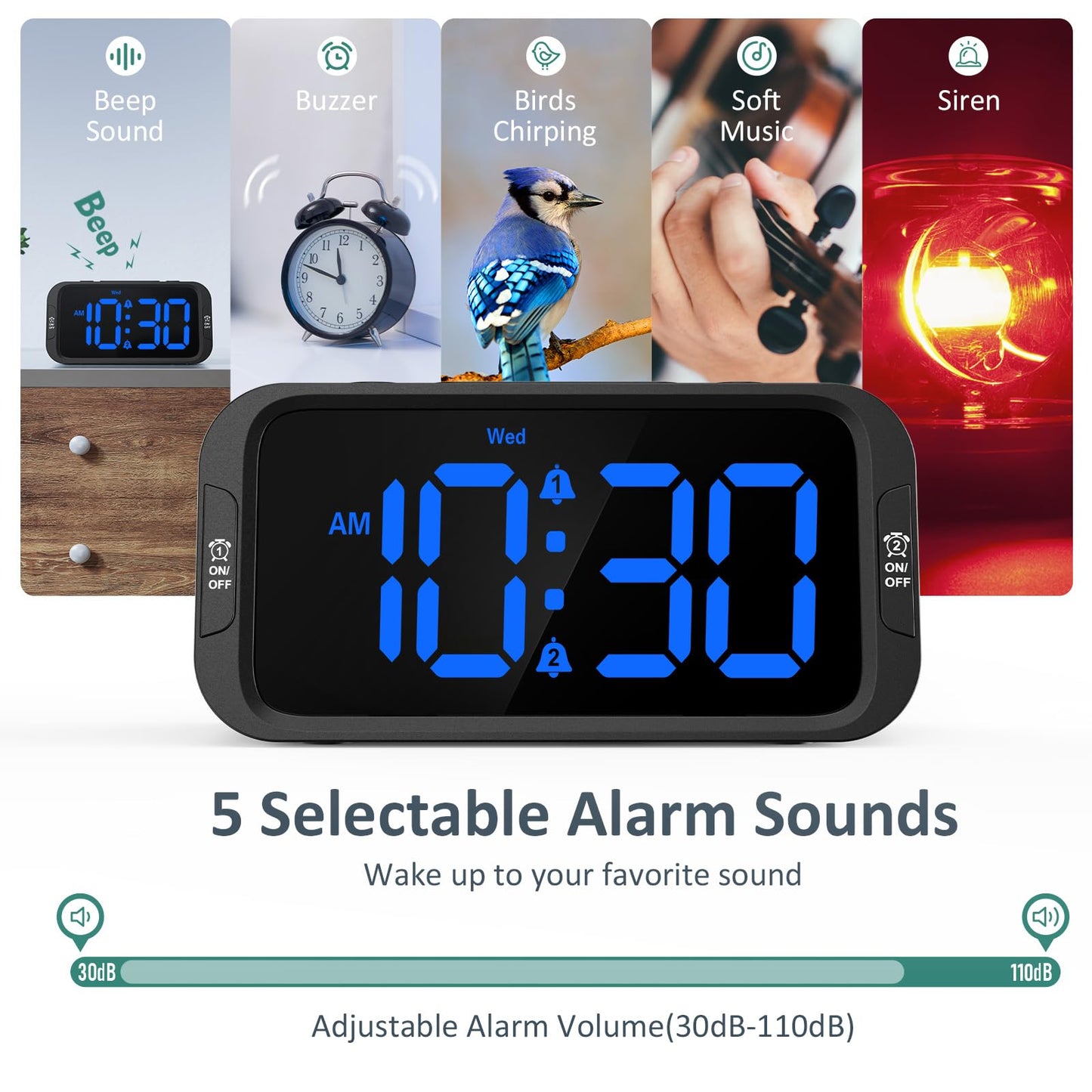 Odokee Digital Dual Alarm Clock for Bedroom, Easy to Set, 0-100% Dimmer, USB Charger, 5 Sounds Adjustable Volume, Weekday/Weekend Mode, Snooze, 12/24Hr, Battery Backup, Compact Clock for Bedside(Blue) - Available at All In One Marketplace Canada