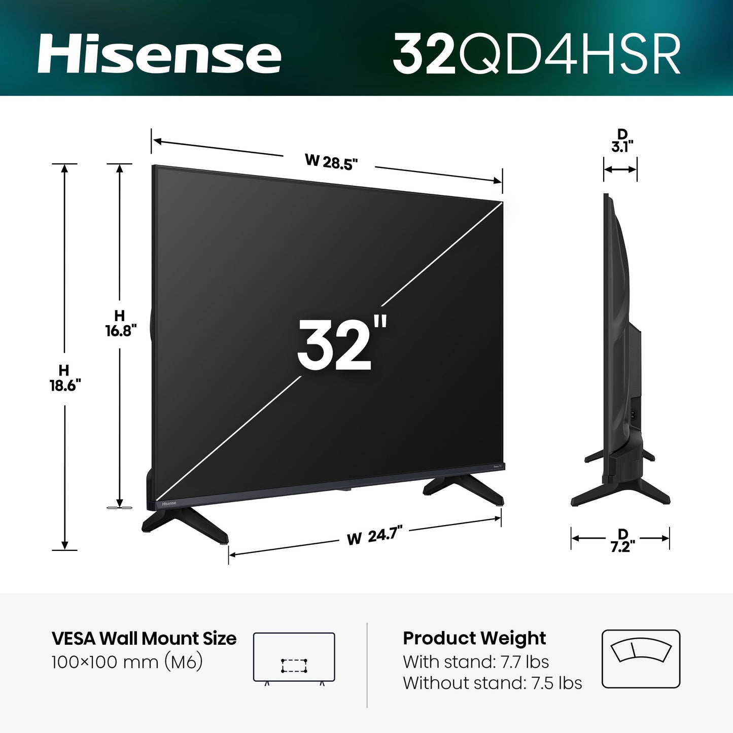Hisense 32QD4SV - 32" Hi-QLED HD Smart VIDAA TV, Hi-QLED Color, Dolby Audio, Compatible with Alexa, Full Array LED, Slim Bezel Design (2026 Model)