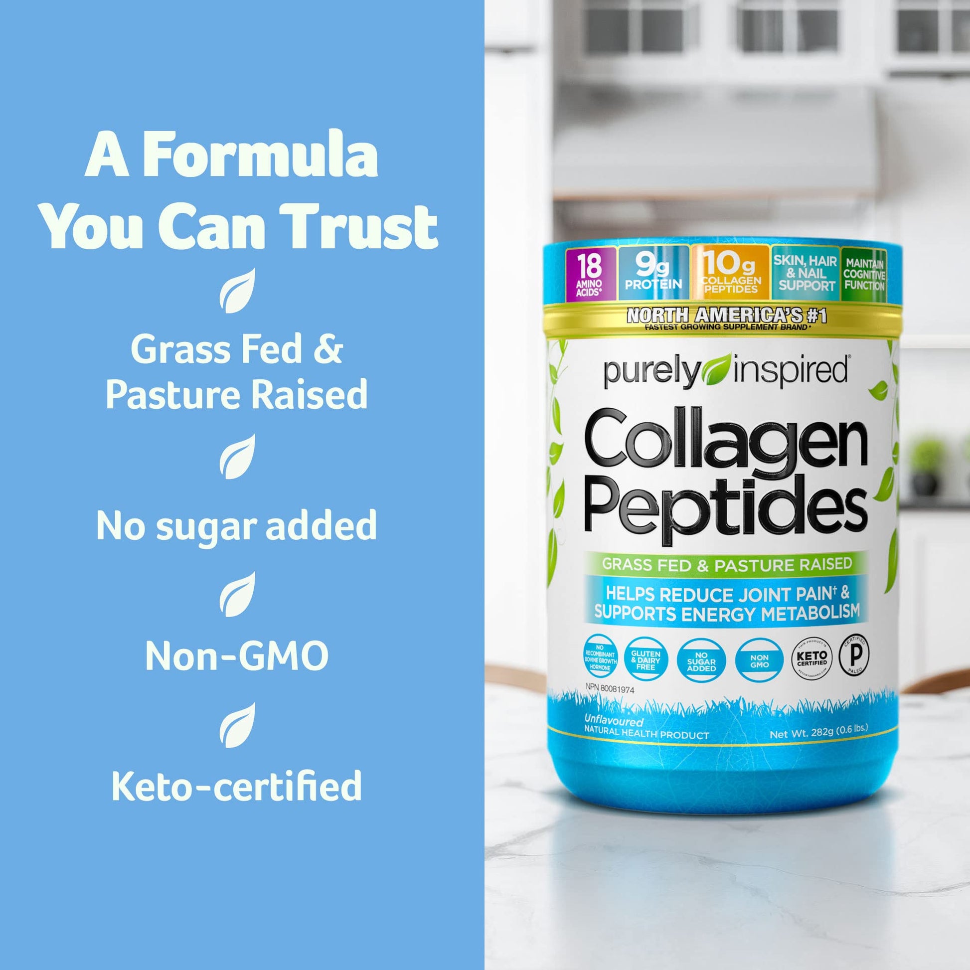 Purely Inspired Collagen Peptides Powder for Women & Men (Unflavoured) - Paleo & Keto-Friendly Supplement for Healthy Skin & Hair - Grass-Fed & Pasture Raised - 282g, 28 Servings (Pack of 1) - Available at All In One Marketplace Canada