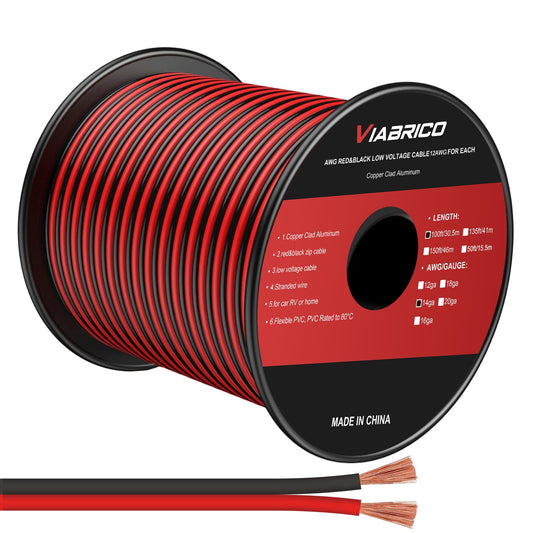 VIABRICO 14AWG 100FT Electrical Wire Cable 2 Conductors Red Black Cable Hookup LED Lighting Strips Flexible Wire Extension Cord 14 Gauge Copper Clad Aluminum Copper Wire 12V/24V DC Cable