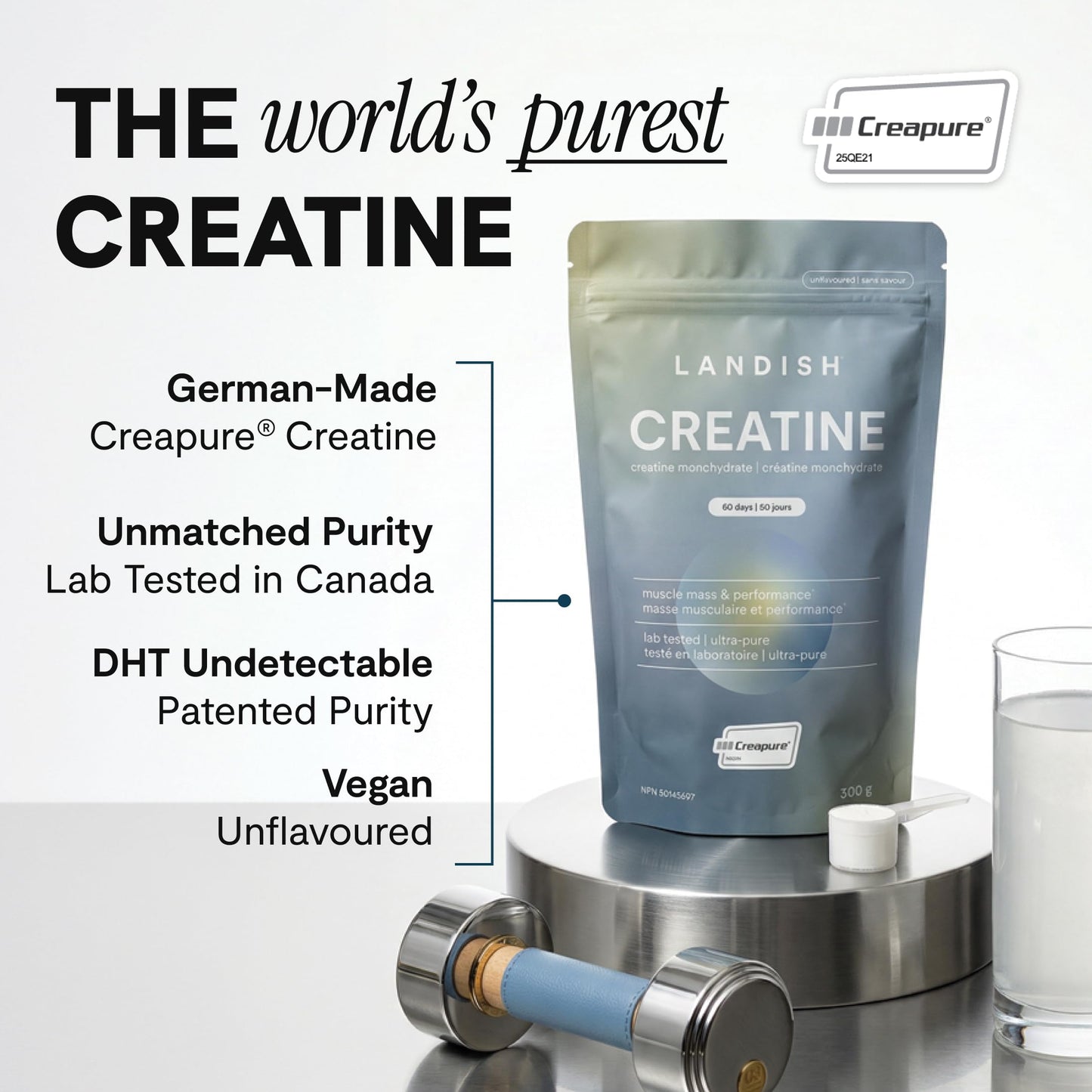 Landish Creatine Monohydrate Powder – Creapure®, German-Made Micronized Creatine – Canadian Brand – Increases Muscle Mass & Improves Strength – For Women & Men – Vegan –Unflavoured – 300 g (60 Servings) - Available at All In One Marketplace Canada