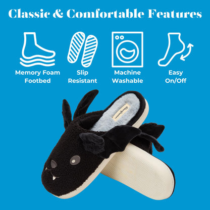 Dearfoams Unisex-Adult Spooky Fuzzy Halloween Pumpkin Jack O Lantern Slipper, Black Bat, 11-12 Women/9-10 Men