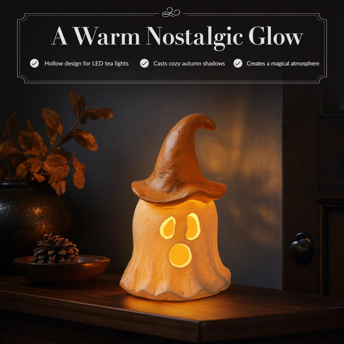 Mud Pie Halloween Lantern, Orange Ghost Witch Lantern, 3.75 x 6.75 Inch