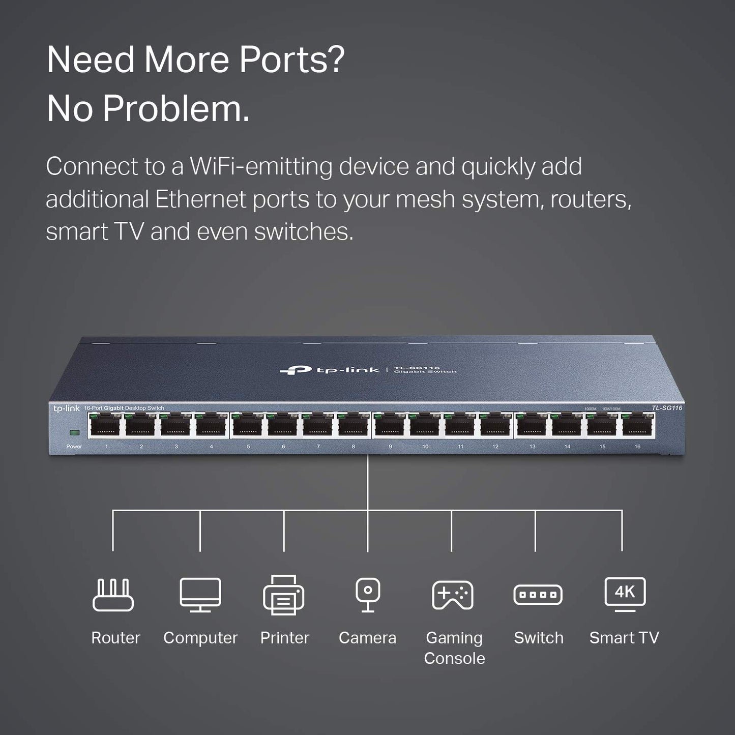 TP-Link 16 Port Gigabit Ethernet Network Switch, Desktop and Wall-Mount, Fanless, Sturdy Metal with Shielded Ports, Traffic Optimization, Unmanaged, Limited Lifetime Protection (TL-SG116) TP-Link