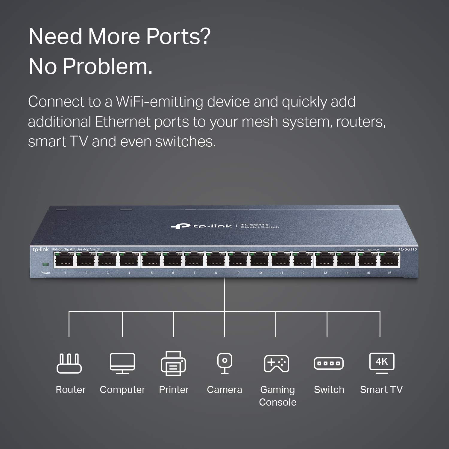 TP-Link 16 Port Gigabit Ethernet Network Switch, Desktop and Wall-Mount, Fanless, Sturdy Metal with Shielded Ports, Traffic Optimization, Unmanaged, Limited Lifetime Protection (TL-SG116) TP-Link