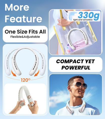 Neck Fan, Hands Free Bladeless Portable Neck Fan, 4000mAh USB Rechargeable Battery Fan, 3 Speed Personal Cooling Fan with 360° Airflow - for Hot Flashes Home Office Travel Outdoor Sports (White) - Available at All In One Marketplace Canada