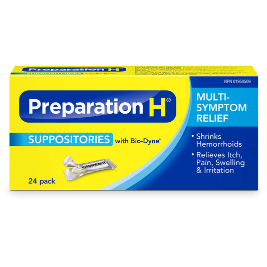 Preparation H Multi-Symptom Hemorrhoid Treatment Suppositories with Bio-Dyne, 24-Count - Available at All In One Marketplace Canada