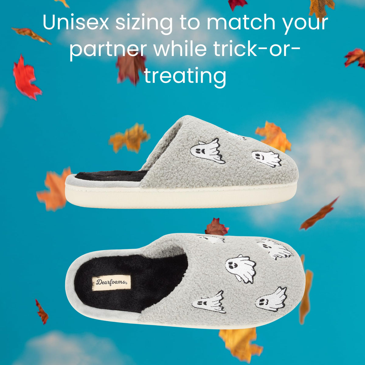 Dearfoams Unisex-Adult Spooky Fuzzy Halloween Pumpkin Jack O Lantern Slipper, Grey Ghost, 7-8 Women/5-6 Men
