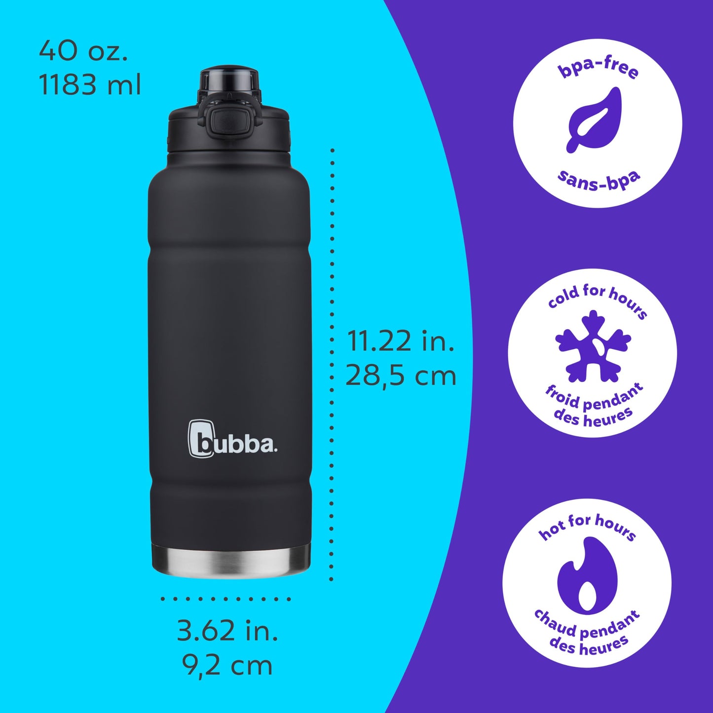 bubba Trailblazer Stainless Steel Water Bottle with Push Button Lid, 40 oz (1.18 L), Vacuum-Insulated, Rubberized Licorice - Available at All In One Marketplace Canada