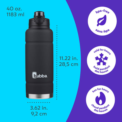 bubba Trailblazer Stainless Steel Water Bottle with Push Button Lid, 40 oz (1.18 L), Vacuum-Insulated, Rubberized Licorice - Available at All In One Marketplace Canada