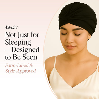 Kitsch Satin Lined Beanie - Softer Than Silk Beanie for Sleeping Women, Breathable Hair Cover for Sleeping, Slouchy Beanies, Bonnets for Women, Hair Wrap, Reduce Breakage for Frizz-Free Hairs - Black - Available at All In One Marketplace Canada