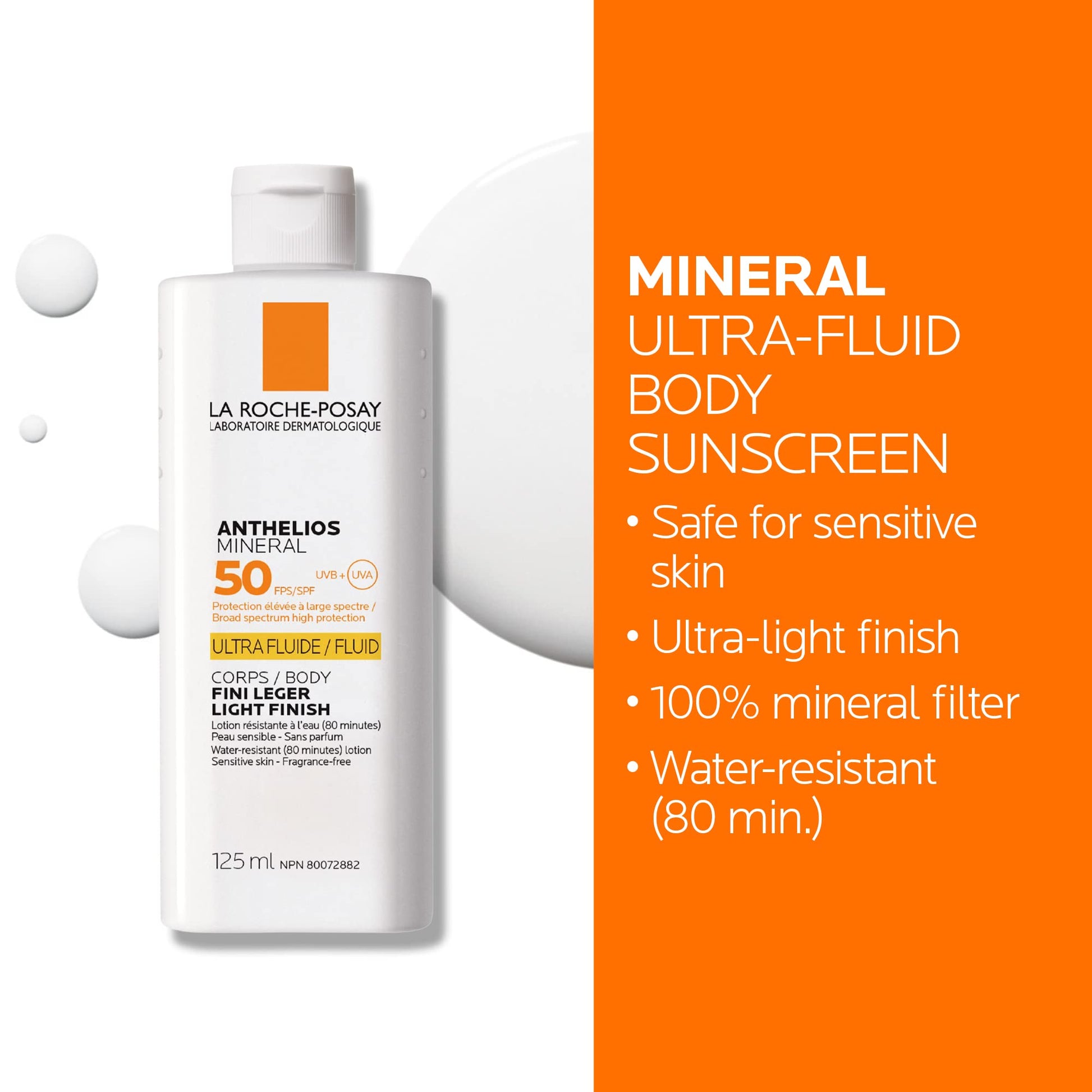 La Roche-Posay Anthelios Mineral Body Sunscreen, Gentle Lotion Broad Spectrum SPF 50, Face and Body Sunscreen with Titanium Dioxide, Water Resistant, Fragrance Free, 125mL