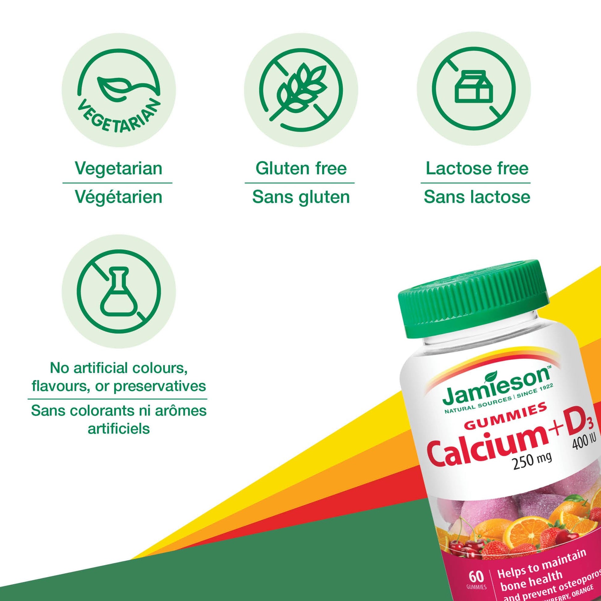 Jamieson Calcium 250 mg with Vitamin D3 400 IU Gummies, Cherry, Strawberry, and Orange Flavours, Helps Prevent Osteoporosis, Supports Strong Bones and Teeth. Non-GMO, Gluten-Free, No Artificial Colours, Flavours, or Preservatives, 60 Count, Proudly Canadi - Available at All In One Marketplace Canada