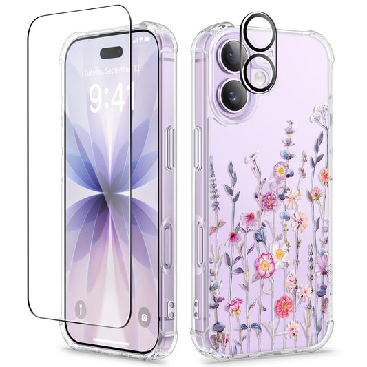 GVIEWIN Compatible with iPhone 17 Case 6.3" 2025, with Screen Protector & Camera Lens Protector, Shockproof Military Grade Drop Protective Clear Floral Slim Phone Cover for Women,Floratopia/Colorful