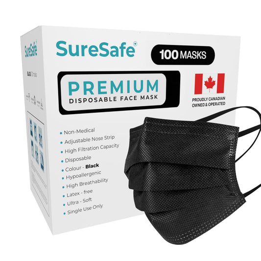 SURESAFE Premium Black Mask - Disposable Face Mask Pack of 100, 3 Ply face mask with Ear Loop, Women and Men Face Mask, High Filtration